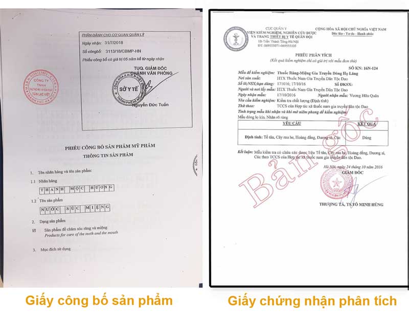 giấy công bố và kiểm nghiệm sản phẩm nước xúc miệng thanh mộc hương
