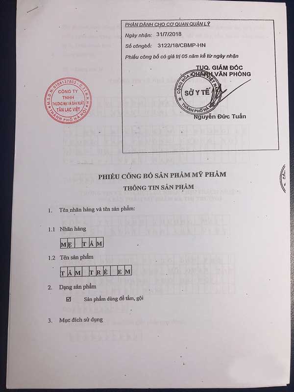 giấy công bố sản phẩm tắm bé mẹ tấm