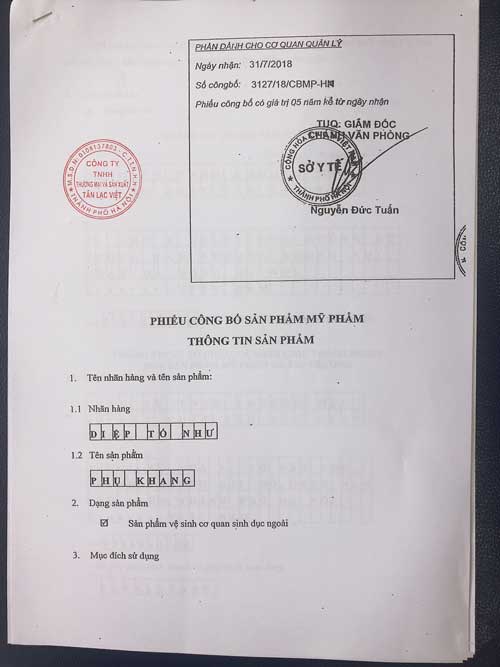 giấy công bố phụ khang diệp tố như