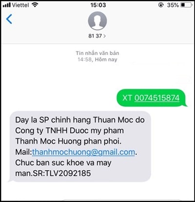 kiểm tra mã sms thuần mộc hương