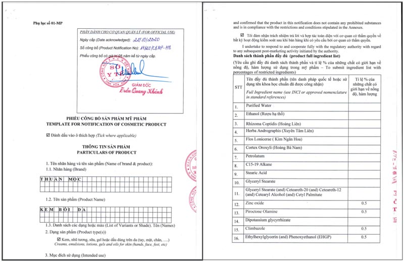 giấy công bố kem bôi da thuần mộc 2020